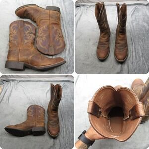 Justin Western Boots Mens 11.5 Brown Leather‎ Classic Cowboy Embroidered Pull-On